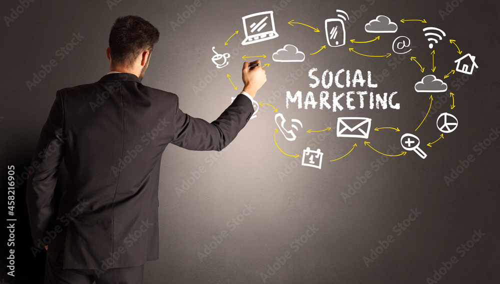businessman drawing social media icons businessman drawing social media icons