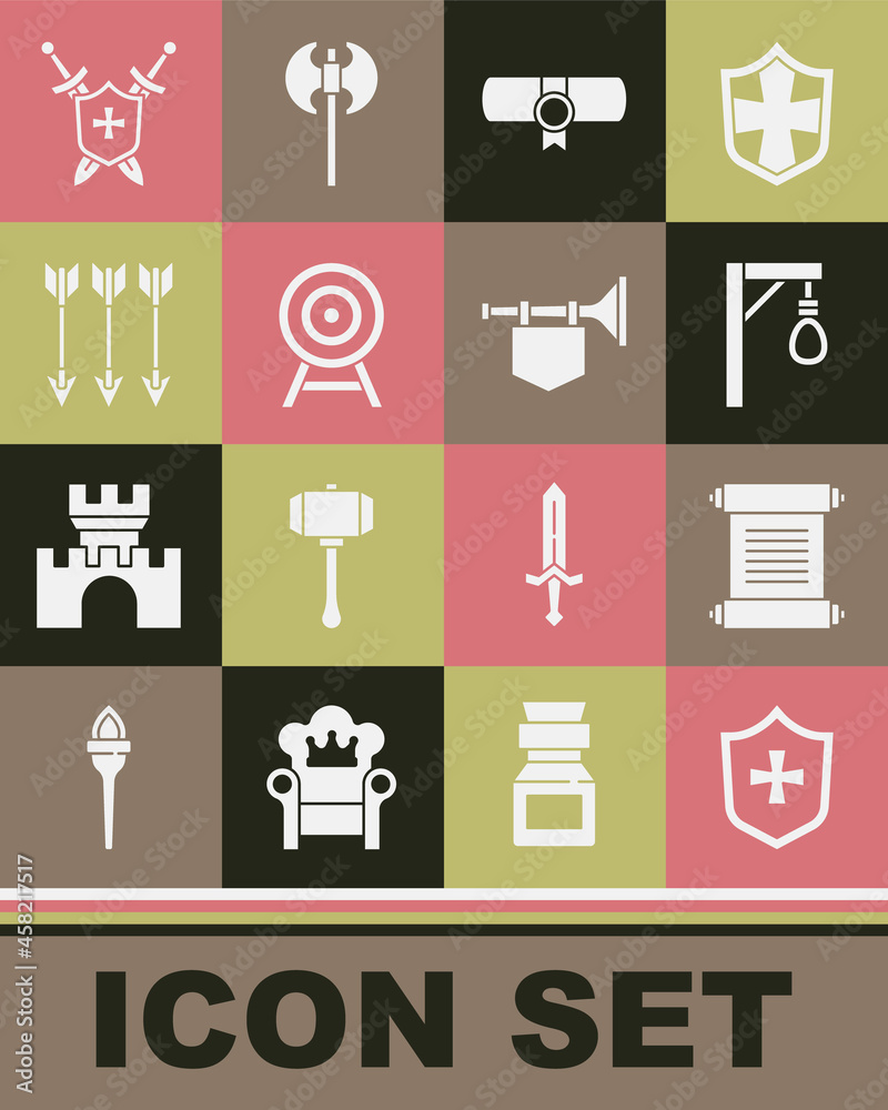 Set Shield, Decree, parchment, scroll, Gallows, Target with arrow, Crossed arrows, Medieval shield swords and Trumpet flag icon. Vector Set Shield, Decree, parchment, scroll, Gallows, Target with arrow, Crossed arrows, Medieval shield swords and Trumpet flag icon. Vector