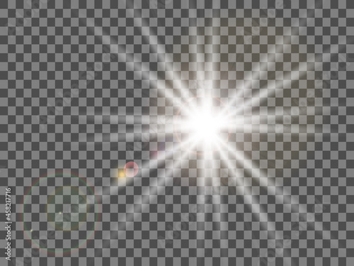 Glow isolated white transparent light effect set, lens flare, explosion, glitter, line, sun flash, spark and stars. Abstract special effect element design. Shine ray with lightning