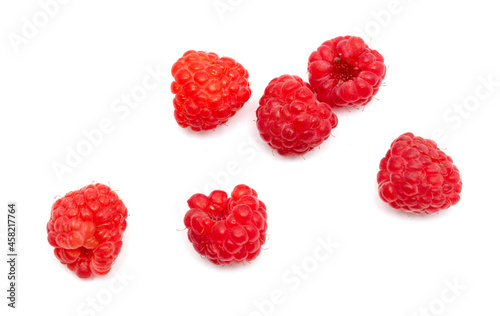 Red raspberries on a white background.