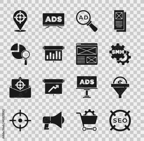Set SEO optimization, Lead management, Social media marketing, Advertising, Board with graph chart, Magnifying glass and analysis, Target sport and Browser window icon. Vector