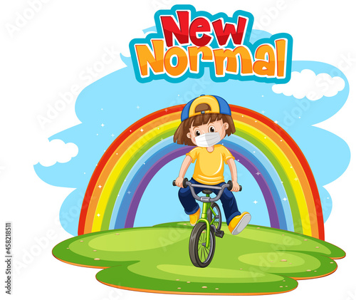 New normal with a girl riding bicycle with rainbow