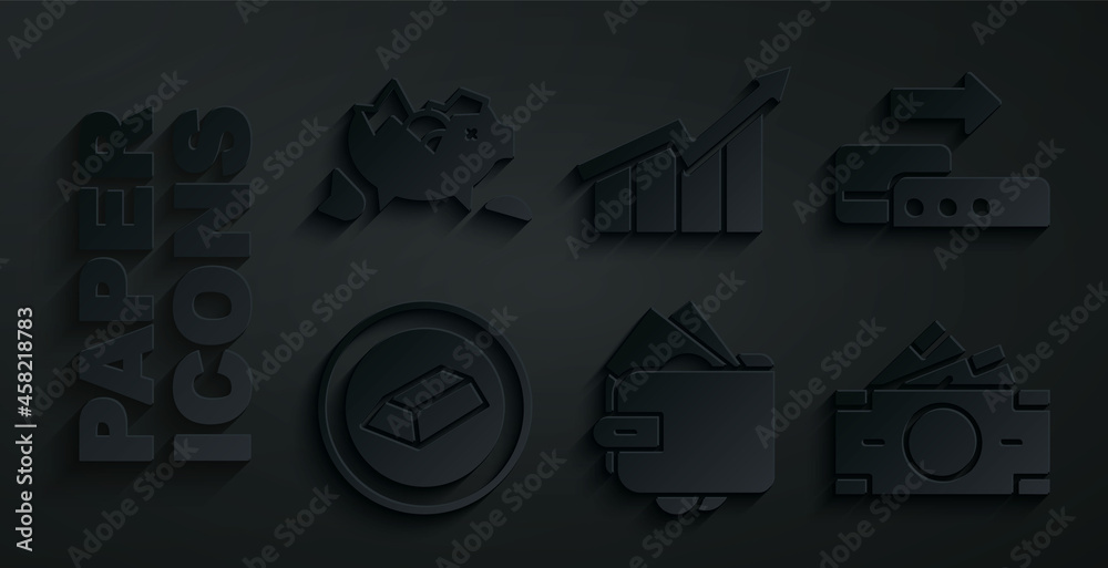 Set Wallet with money, Pos terminal, Gold bars, Stacks paper cash, Financial growth increase and Broken piggy bank icon. Vector