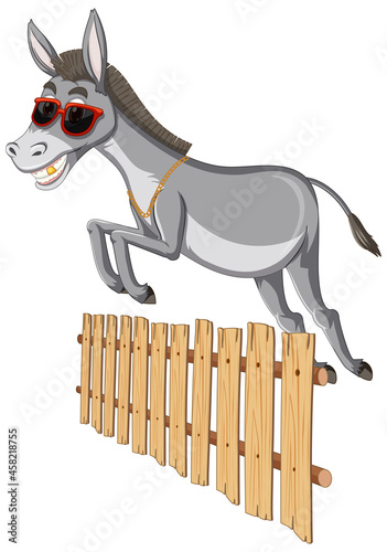 Donkey jumping over a fence