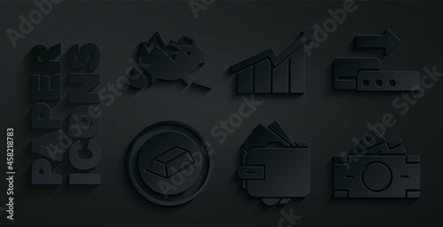 Set Wallet with money, Pos terminal, Gold bars, Stacks paper cash, Financial growth increase and Broken piggy bank icon. Vector