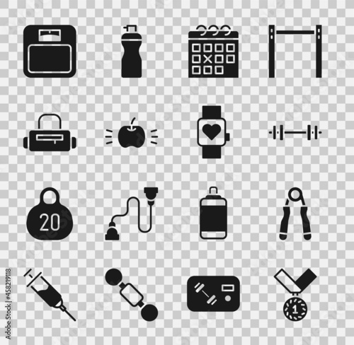 Set Medal, Sport expander, Barbell, Calendar fitness, Apple, bag, Bathroom scales and Smart watch icon. Vector