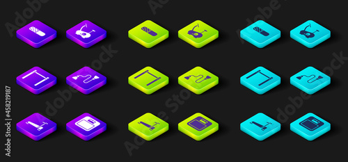 Set Treadmill machine, Bathroom scales, Horizontal bar, Chest expander, Stationary bicycle and Vitamin pill icon. Vector