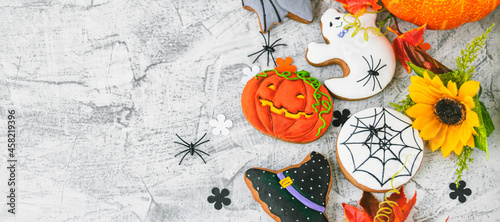 banner with Halloween background with cookies  leaves  sunflower and spiders  top view. Halloween objects on textured concrete with space for text. Vintage background Halloween celebration. Flat lay.