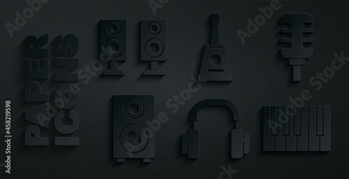 Set Headphones, Microphone, Stereo speaker, Grand piano, Balalaika and icon. Vector