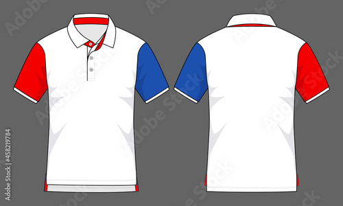 Sport white-blue-red short sleeve polo shirt design on gray background. Front and back views, vector file.