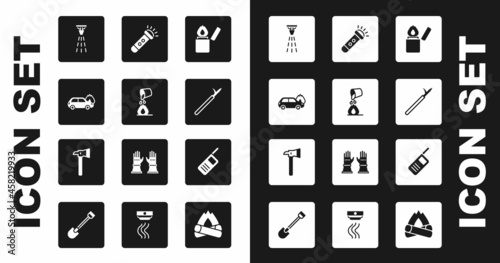 Set Lighter, Bucket extinguishing fire, Burning car, Fire sprinkler, Metal pike pole, Flashlight, Walkie talkie and Firefighter axe icon. Vector