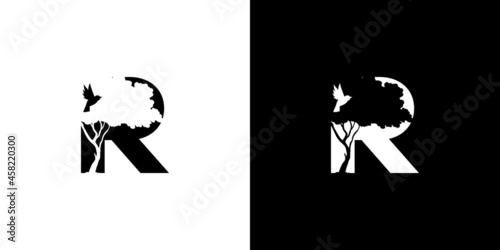 Logo design initials letter R a combination of a unique and elegant tree