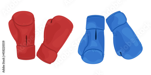 A sports set consisting of two pairs of red and blue boxing gloves. Boxing gloves to protect your hands from blows. Sports equipment for boxing, kickboxing and other martial arts. Vector illustration