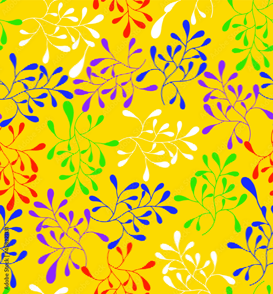 Fototapeta premium Abstract Hand Drawing Colorful Embroidery Leaves Seamless Vector Pattern Isolated Background