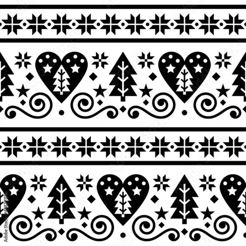 Scandinavian Christmas folk seamless vector pattern, repetitive floral cute Nordic design with Christmas trees, snowflakes and hearts in black on white background

