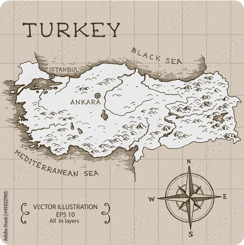 Vintage Map of Turkey. Hand drawn vector illustration.