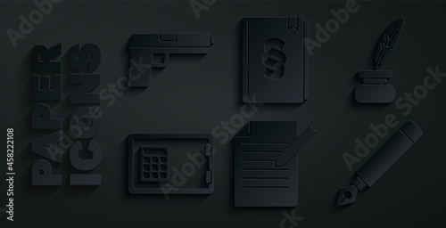 Set Document and pen, Feather inkwell, Safe, Fountain nib, Law book and Pistol or gun icon. Vector