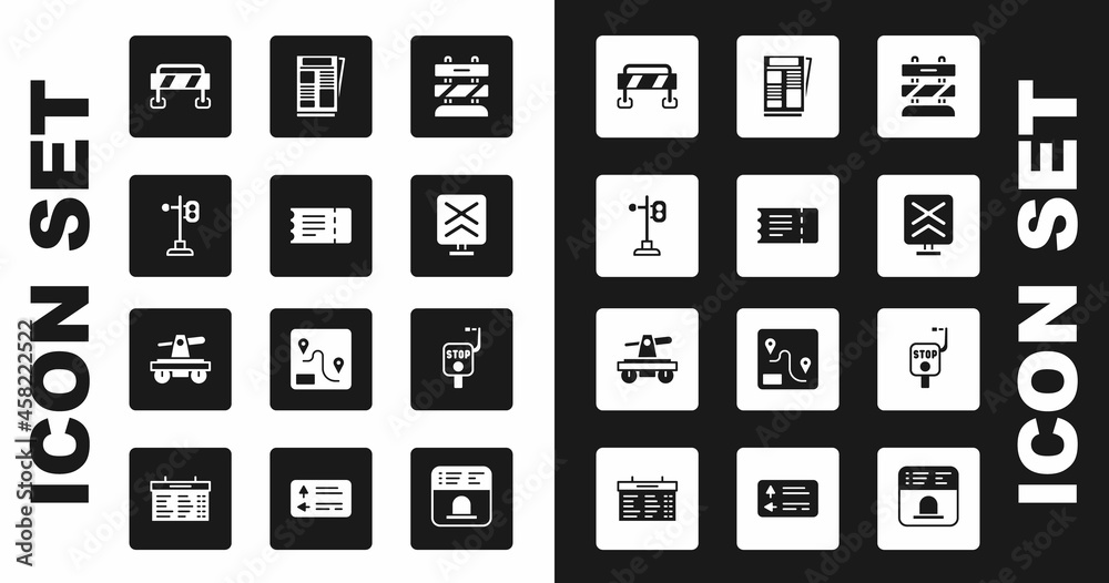 Set End of railway tracks, Train ticket, traffic light, Road barrier, Railroad crossing, News, Emergency brake and Draisine or handcar icon. Vector Set End of railway tracks, Train ticket, traffic light, Road barrier, Railroad crossing, News, Emergency brake and Draisine or handcar icon. Vector
