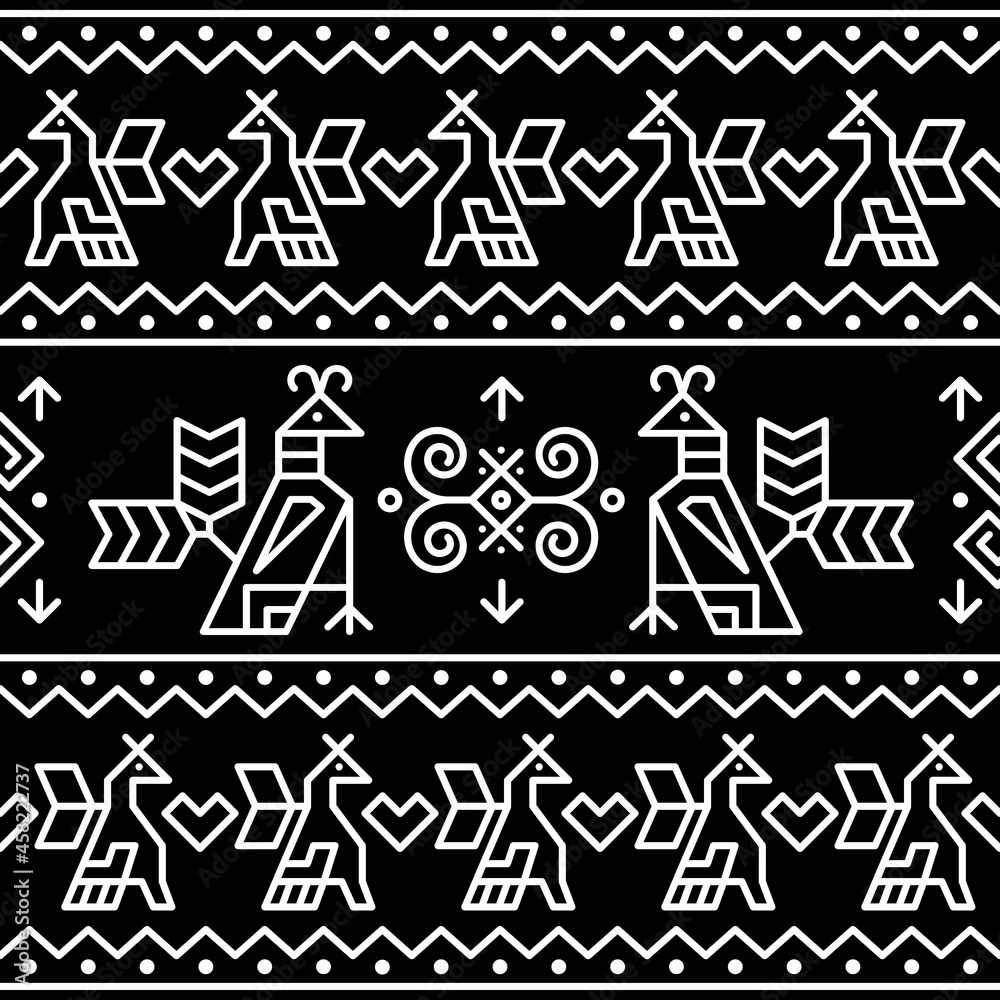 Slovak tribal folk art vector seamless geometric birds pattern inspired by traditional painted hourses from village Cicmany in Zilina region, Slovakia
	