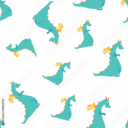 Seamless pattern with a dragon. Vector cartoon children s illustration.