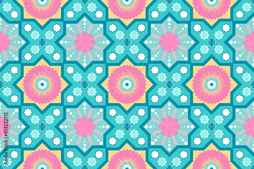 cute pastel blue pink yellow floral ethnic geometric seamless traditional oriental pattern. design for background, carpet, wallpaper backdrop, clothing, wrapping, batik, fabric. vector.