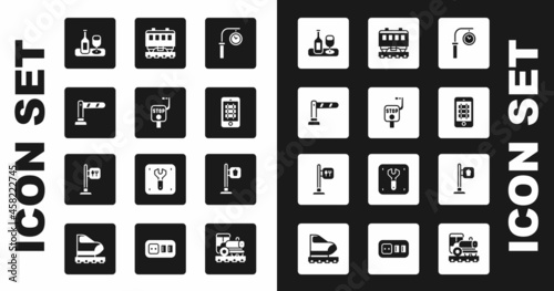 Set Train station clock, Emergency brake, Railway barrier, Wine bottle with glass, Buy train ticket online, Passenger cars, Cafe and restaurant location and icon. Vector