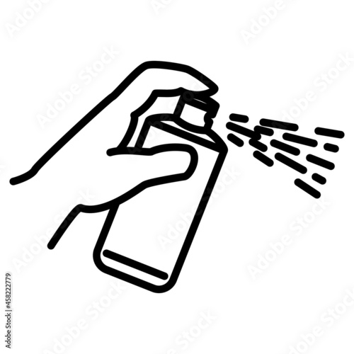 Sanitary treatment, disinfection, spraying of medicines, paints. The bottle is in my hand. Spray painting of the surface. Icon, vector, outline, isolated.