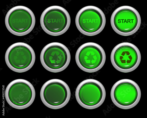 Green buttons of different activation activity with a recycling icon and the word 