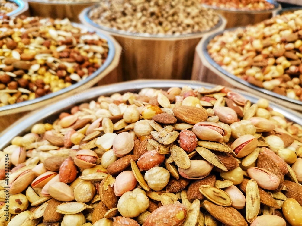 Nuts. Nuts aisle in the market. Nuts. Nuts aisle in the market.