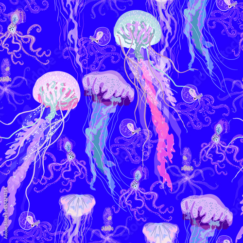 Jellyfish seamless vector pattern.