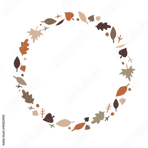 Round frame made of fall, autumn leaves, and twigs with place for text inside, vector illustration. Round frame, border design, autumn season template