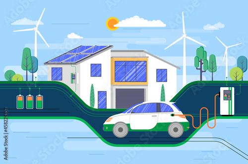 Electric car parking charging at home charger station near house. Renewable energy storage with solar panels.
