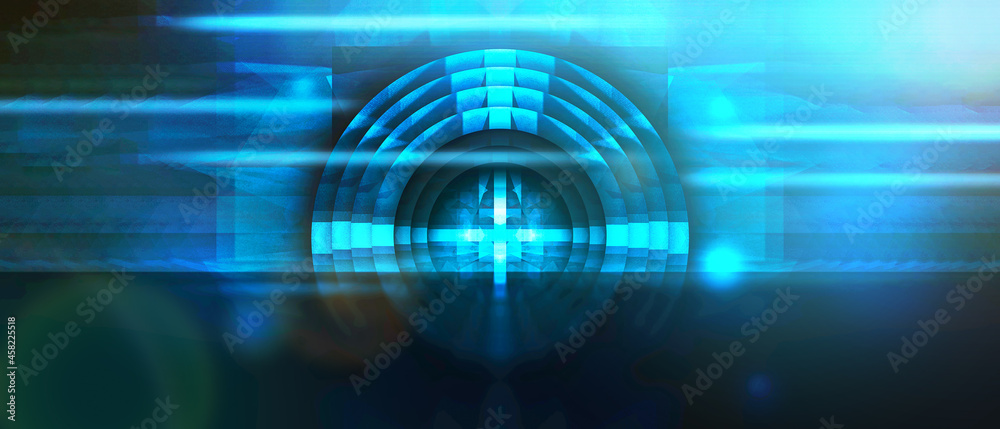 Abstract future technology vision design innovation concept. 3D illustration background. Sci fi technology pattern big hall room with lights and circle shaped neon light. Blue background