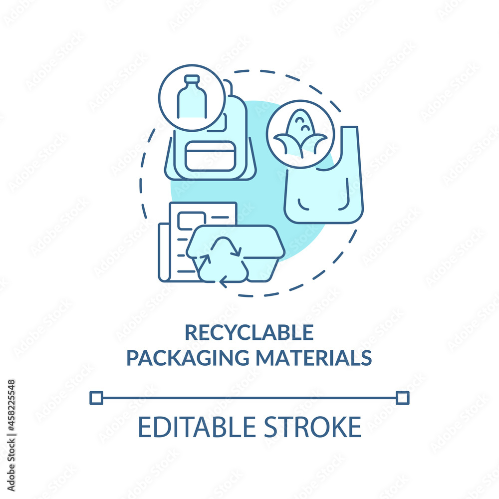 Recyclable packaging concept icon. Reduction in amount of unrecyclable garbage pollution abstract idea thin line illustration. Vector isolated outline color drawing. Editable stroke Recyclable packaging concept icon. Reduction in amount of unrecyclable garbage pollution abstract idea thin line illustration. Vector isolated outline color drawing. Editable stroke