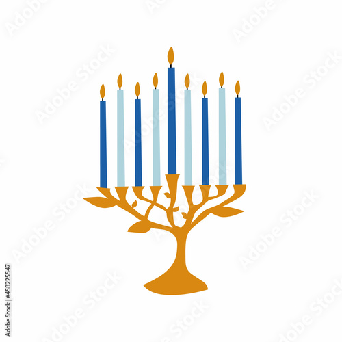 Hanukkah menorah candelabrum with nine lit candles flat vector color icon for holiday apps and websites.