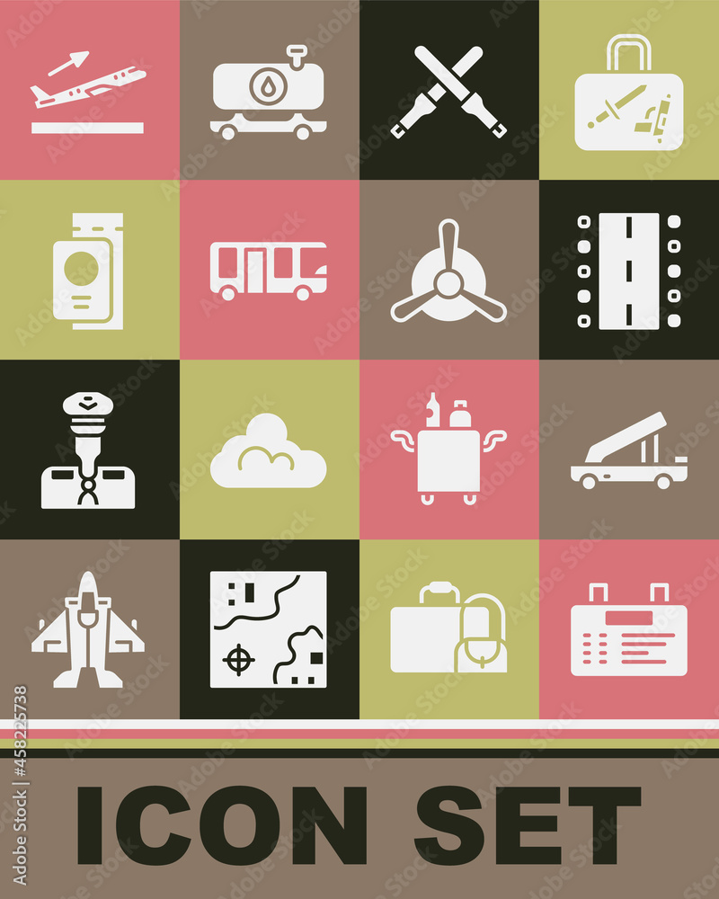 Set Airport board, Passenger ladder, runway, Marshalling wands, bus, Passport with ticket, Plane takeoff and propeller icon. Vector Set Airport board, Passenger ladder, runway, Marshalling wands, bus, Passport with ticket, Plane takeoff and propeller icon. Vector