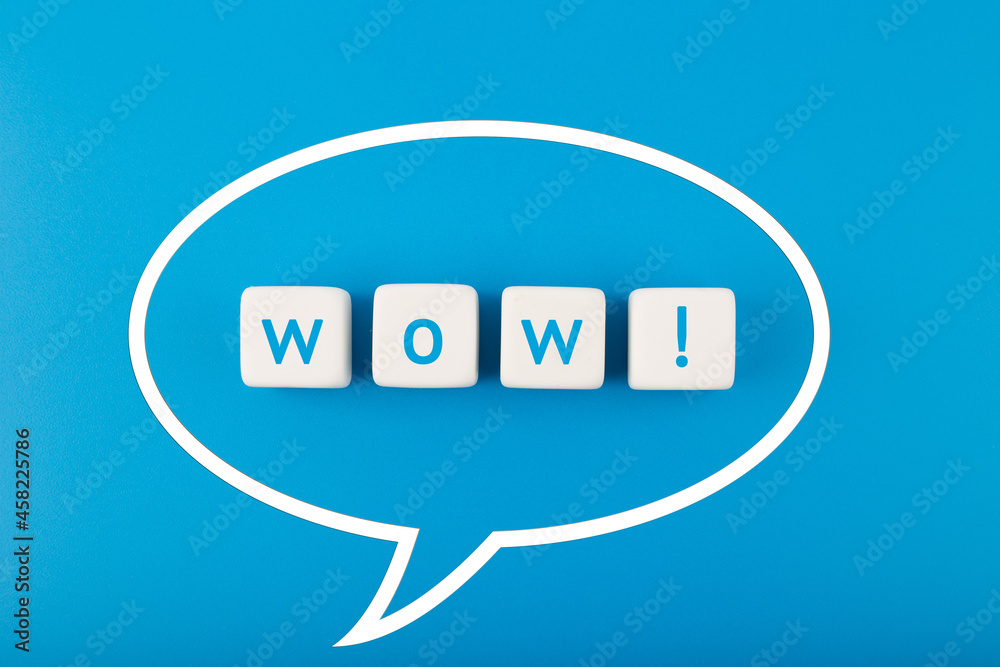 Wow speech bubble on blue background. Colored elegant and minimal style wow concept Wow speech bubble on blue background. Colored elegant and minimal style wow concept
