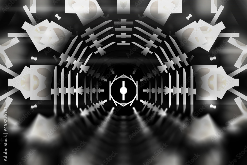 Obraz premium Black and white future technology vision design innovation concept. Science fiction futuristic 3D illustration. Sci fi technology pattern big hall room with lights and circle shaped. Dark background