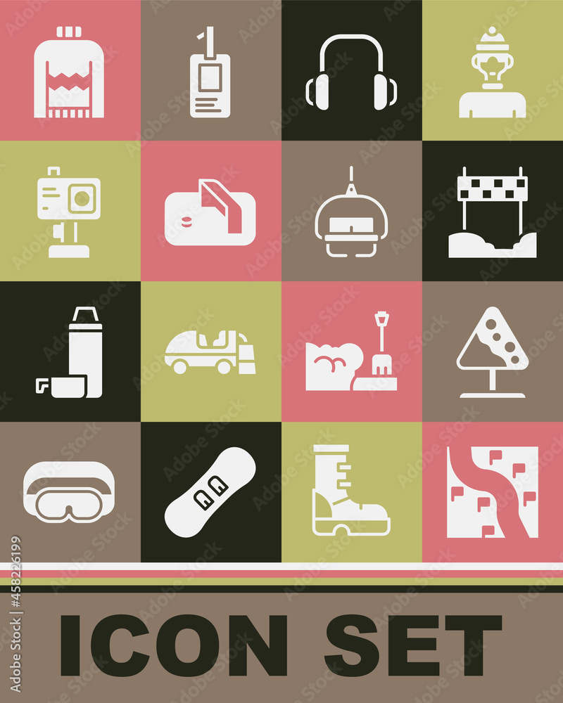 Set Route location, Road sign avalanches, Ribbon in finishing line, Winter headphones, Ice hockey goal, Action camera, Christmas sweater and Ski lift icon. Vector Set Route location, Road sign avalanches, Ribbon in finishing line, Winter headphones, Ice hockey goal, Action camera, Christmas sweater and Ski lift icon. Vector