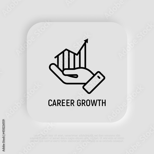 Career growth thin line icon: graph of growth in hand. Modern vector illustration.