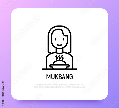 Mukbang thin line icon: girl with food. Modern vector illustration.