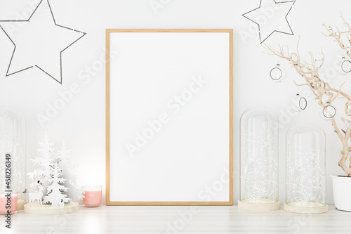 Mockup poster photo frame with christmas decoration