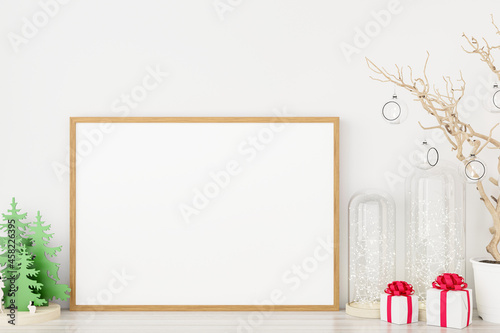 Mockup poster photo frame with christmas decoration