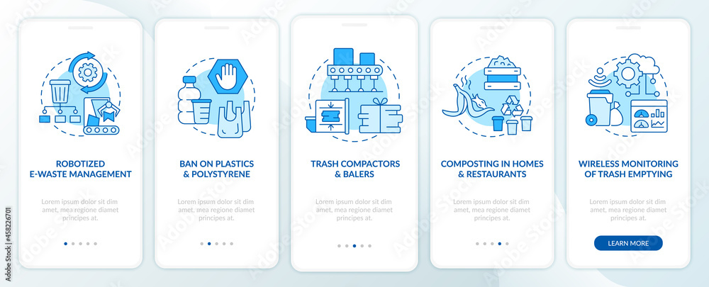 Trash recycling innovations onboarding mobile app page screen. Waste processing walkthrough 5 steps graphic instructions with concepts. UI, UX, GUI vector template with linear color illustrations Trash recycling innovations onboarding mobile app page screen. Waste processing walkthrough 5 steps graphic instructions with concepts. UI, UX, GUI vector template with linear color illustrations
