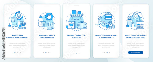 Trash recycling innovations onboarding mobile app page screen. Waste processing walkthrough 5 steps graphic instructions with concepts. UI, UX, GUI vector template with linear color illustrations