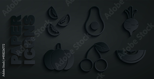 Set Cherry, Beet, Pumpkin, Melon fruit, Avocado and Tomato icon. Vector