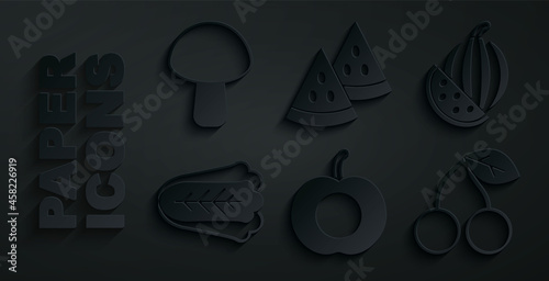Set Peach fruit, Watermelon, Cabbage, Cherry, and Mushroom icon. Vector