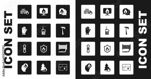 Set Telephone call 911, Walkie talkie, Firefighter gloves, in burning buildings, axe, Location with fire flame, hose reel and Climber rope icon. Vector
