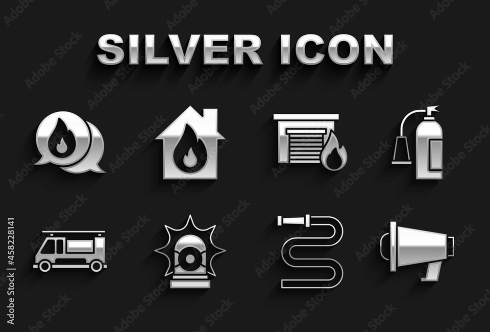 Set Flasher siren, Fire extinguisher, Megaphone, hose reel, truck, burning garage, Telephone call 911 and house icon. Vector Set Flasher siren, Fire extinguisher, Megaphone, hose reel, truck, burning garage, Telephone call 911 and house icon. Vector