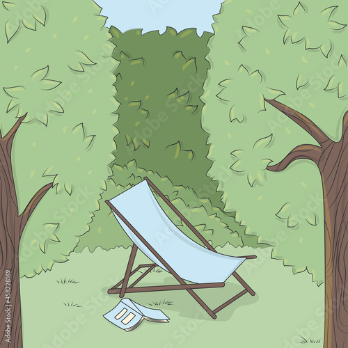 Summer garden vector flat illustration. Trees, bushes, Wooden chaise longue and book on lawn.